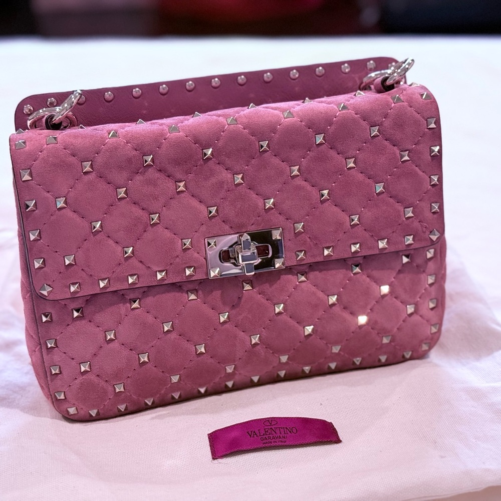 Authentic Valentino Rockstud Spike Bag - pink suede and gold hardware